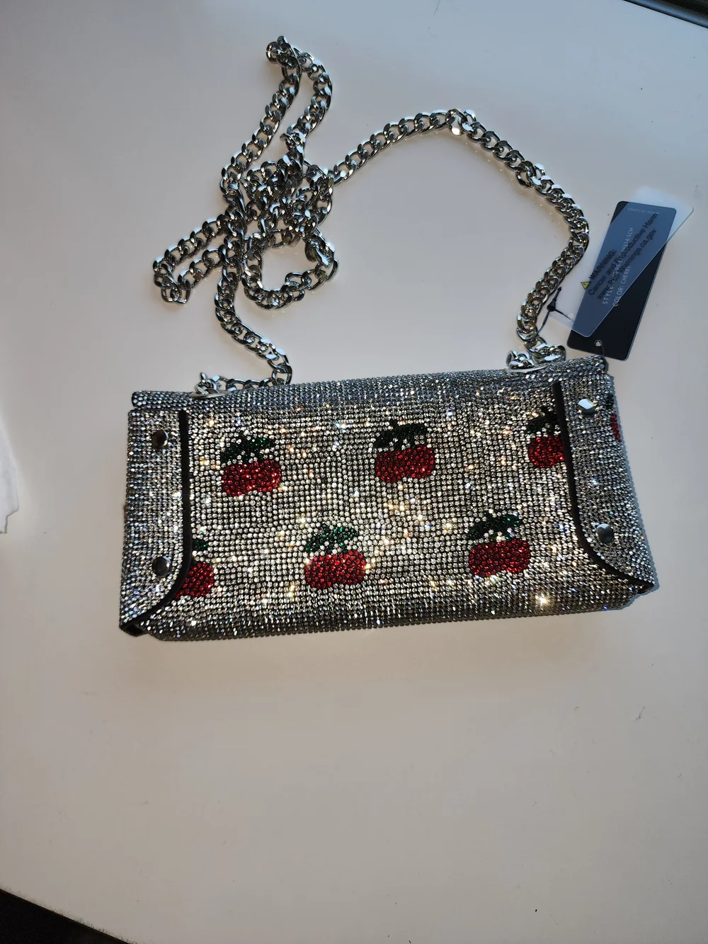 Silver Crystal Cherry Wristlet Clutch- With Shoulder Strap NWT
